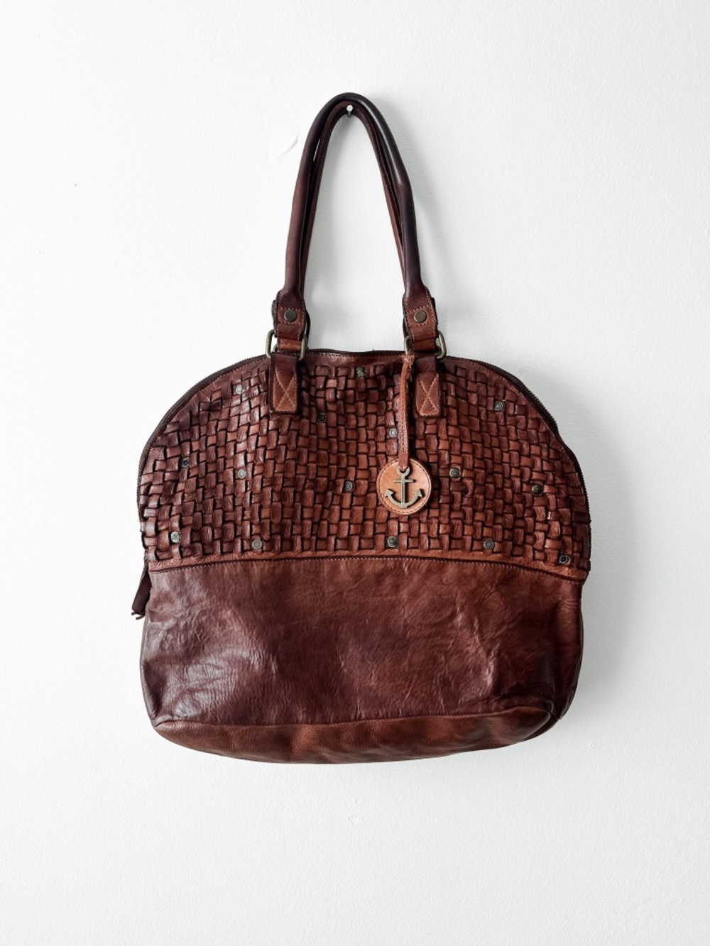 Harbour 2nd Braided Woven Riveted Leather Cognac Tote Bag